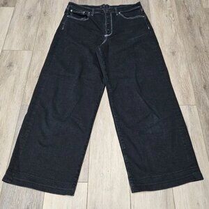 Hale Wide Leg Black Denim Jeans Button Fly White Stiching Women's 32 Grunge